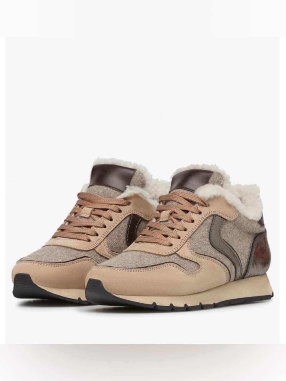 NWT VOILE BLANCHE JULIA Fur Leather And Fabric Sneakers in Beige